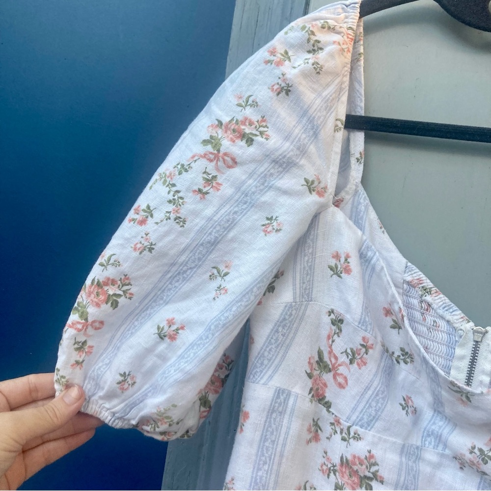Reformation White Stripe Floral Midi Dress with Pink Roses - Picture 9 of 11